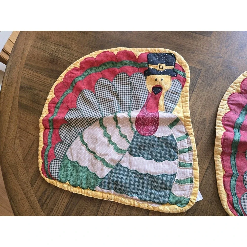 Vintage Thanksgiving Turkey Quilted Placemats Set of 2 Primitive Country Fall